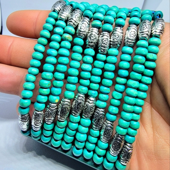 Thick Handmade 10 Row Turquoise and Silver Wooden Bead Bracelet - Picture 4 of 5